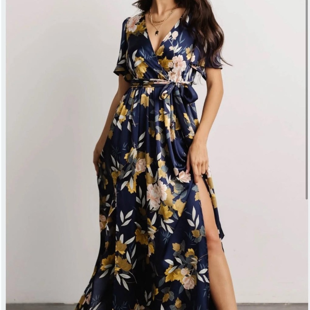 Baltic Born Blue and Yellow Maxi Sundress V-Neck Flutter Sleeve